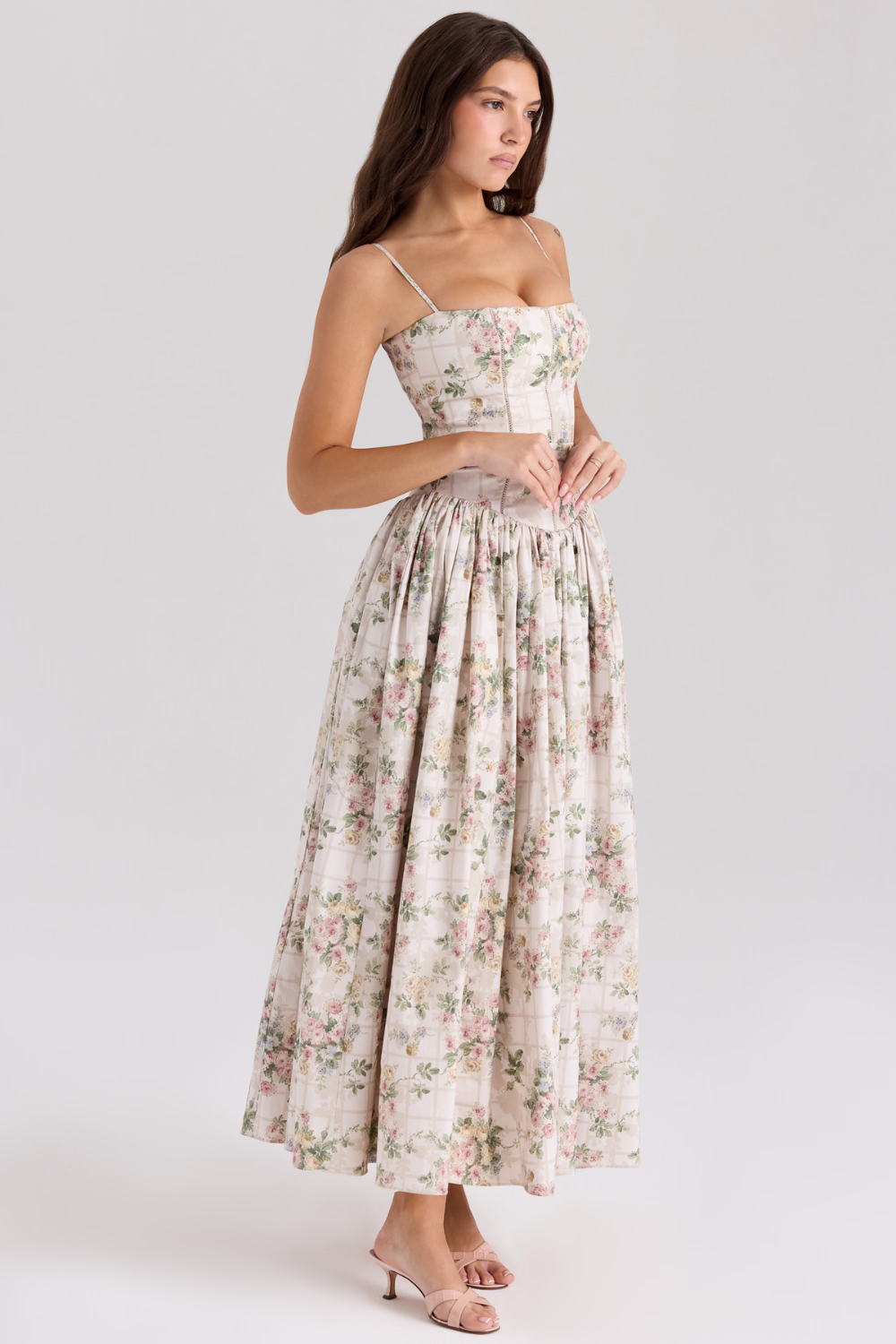 LARINA | Chic vestido midi con corsé y estampado floral