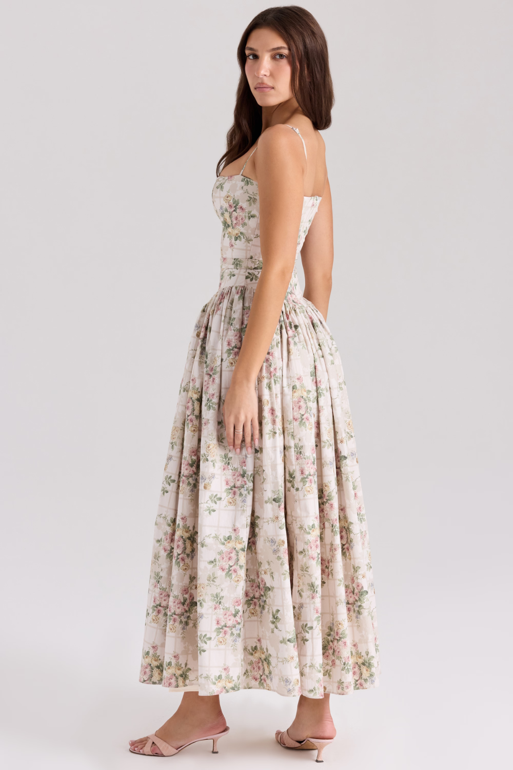 LARINA | Chic vestido midi con corsé y estampado floral