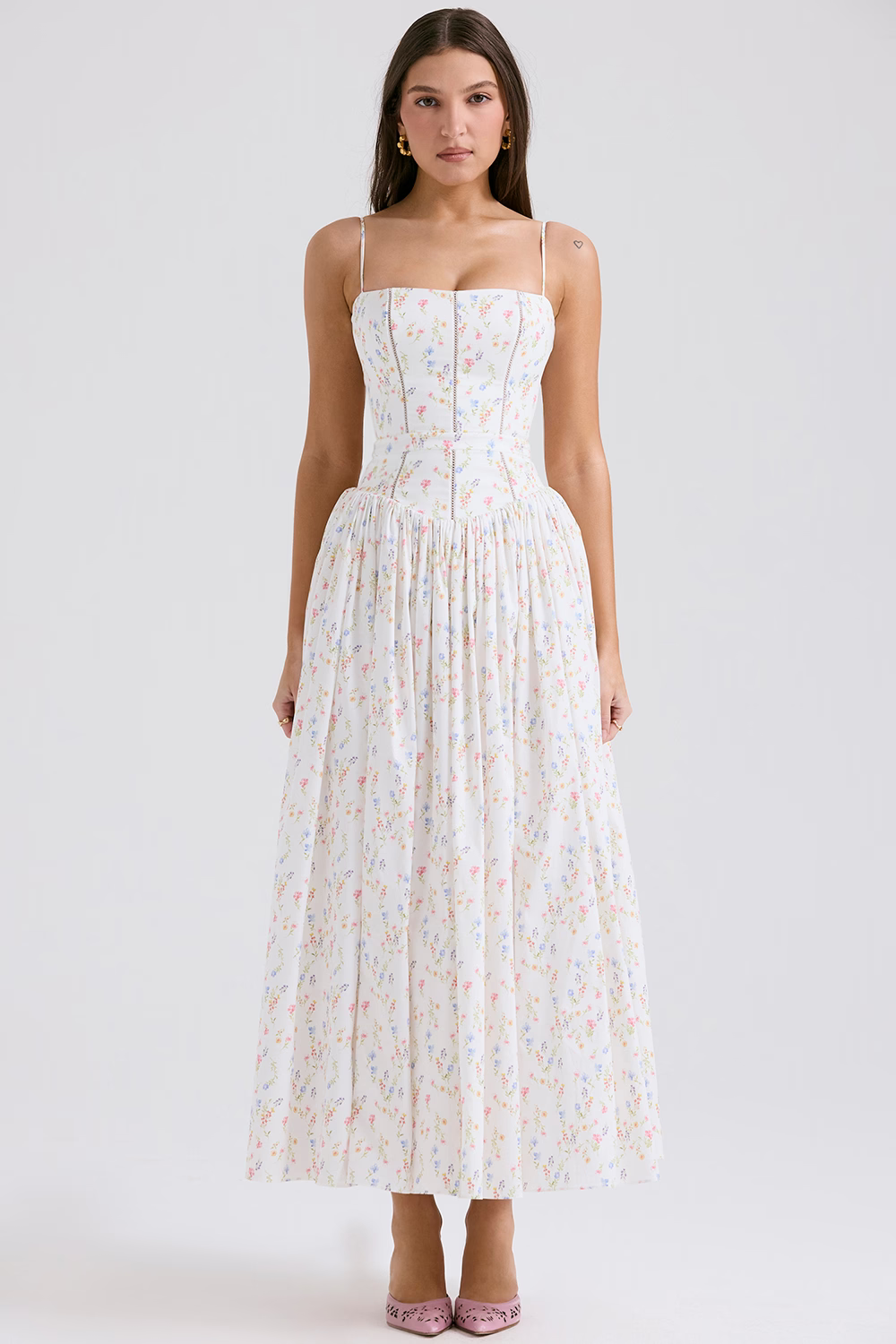 LARINA | Chic vestido midi con corsé y estampado floral