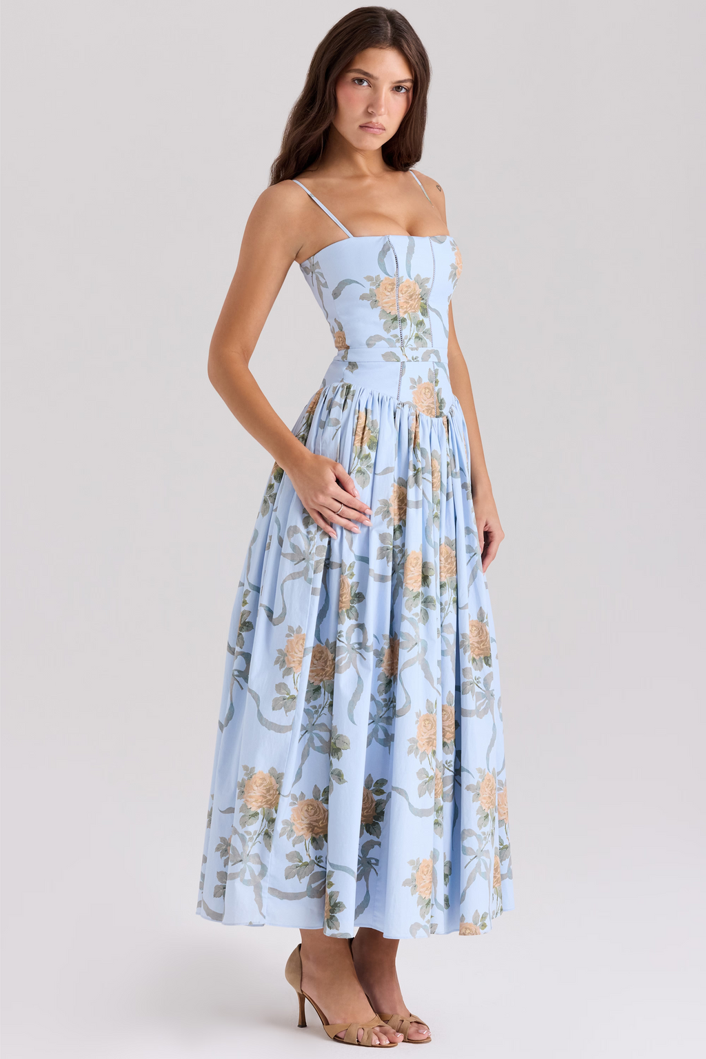 LARINA | Chic vestido midi con corsé y estampado floral