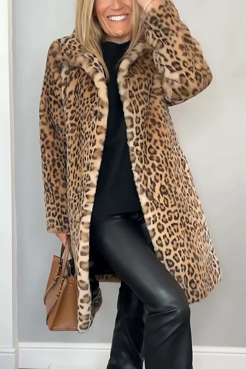 DIANA - Abrigo de invierno de piel sintética con solapas de leopardo