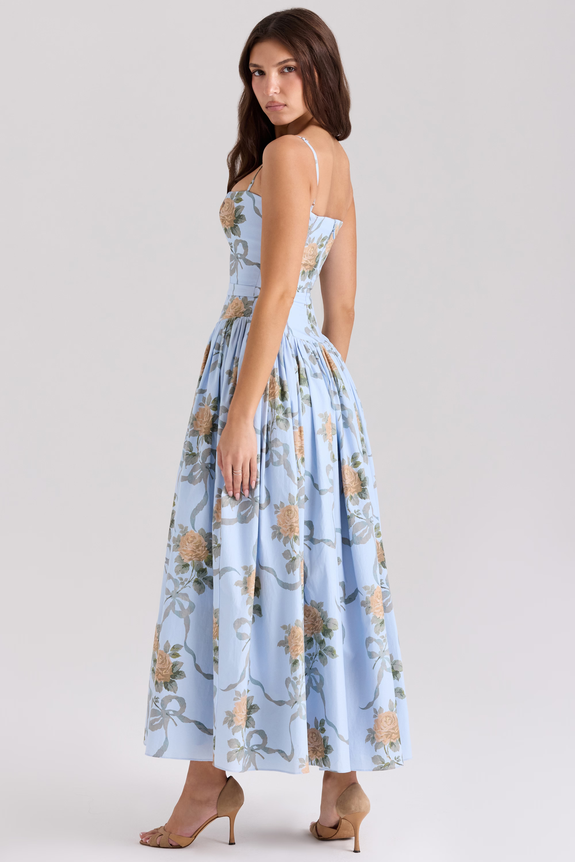 LARINA | Chic vestido midi con corsé y estampado floral