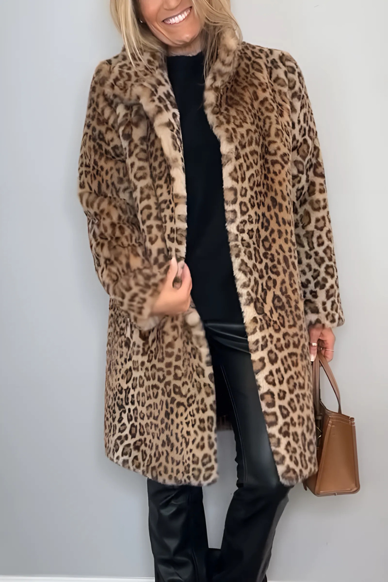 DIANA - Abrigo de invierno de piel sintética con solapas de leopardo