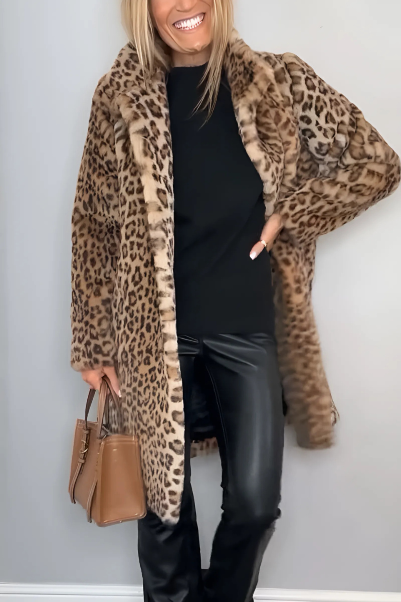 DIANA - Abrigo de invierno de piel sintética con solapas de leopardo