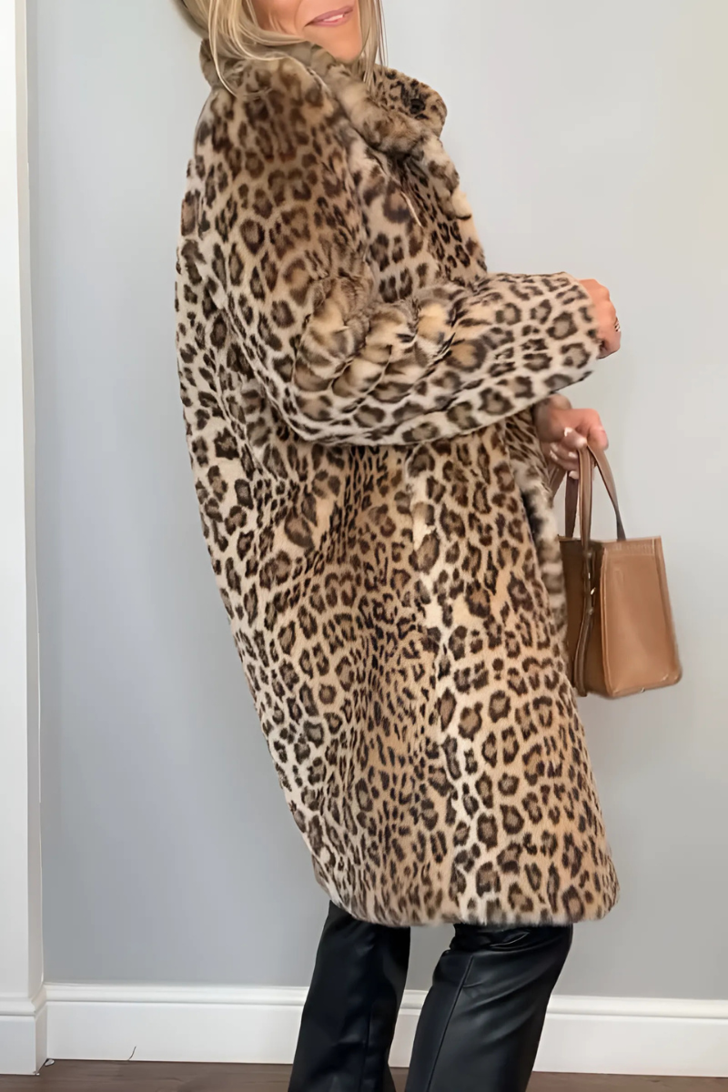 DIANA - Abrigo de invierno de piel sintética con solapas de leopardo