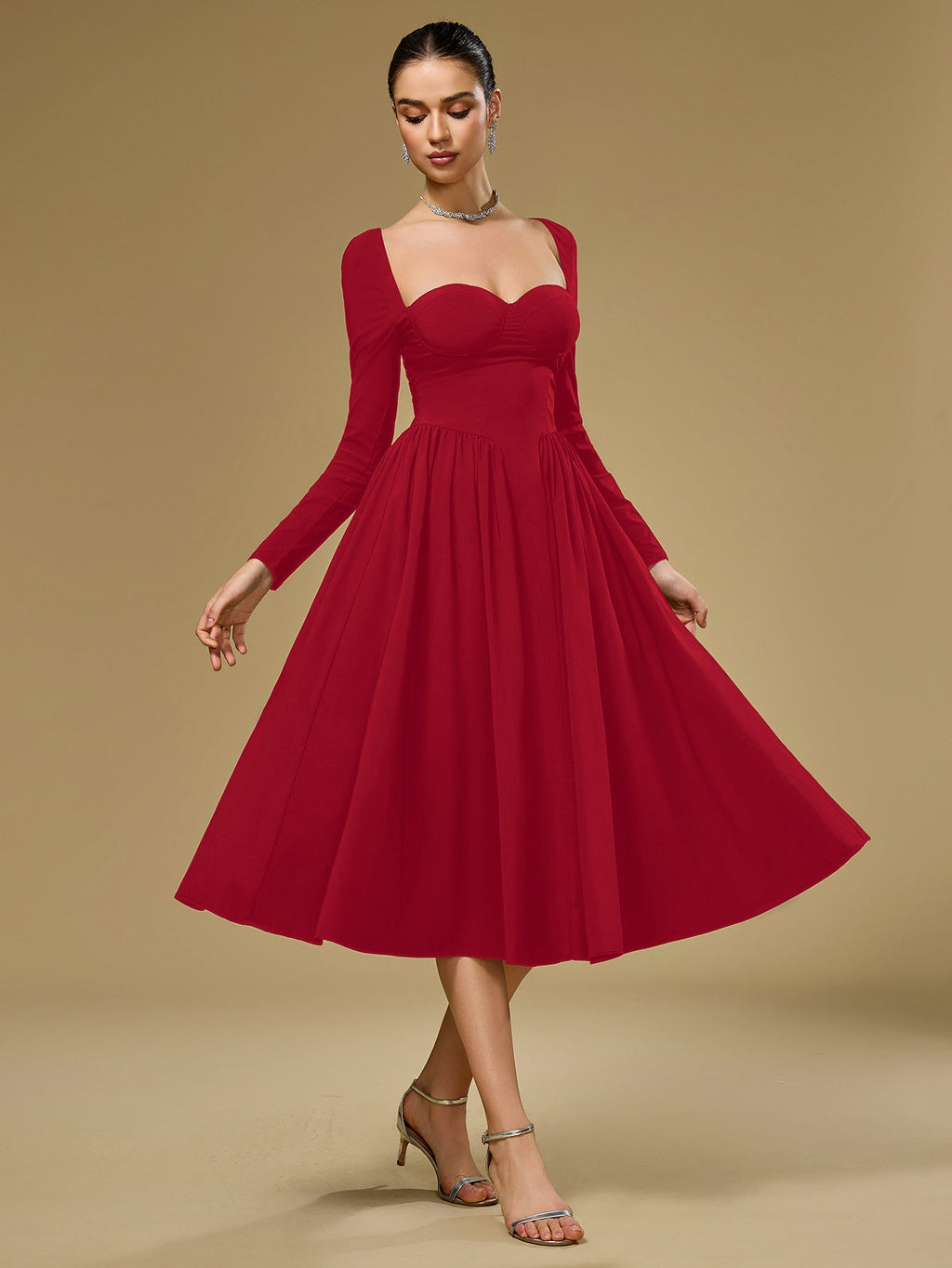 ANNA | Vestido Midi A-Line de Manga Larga