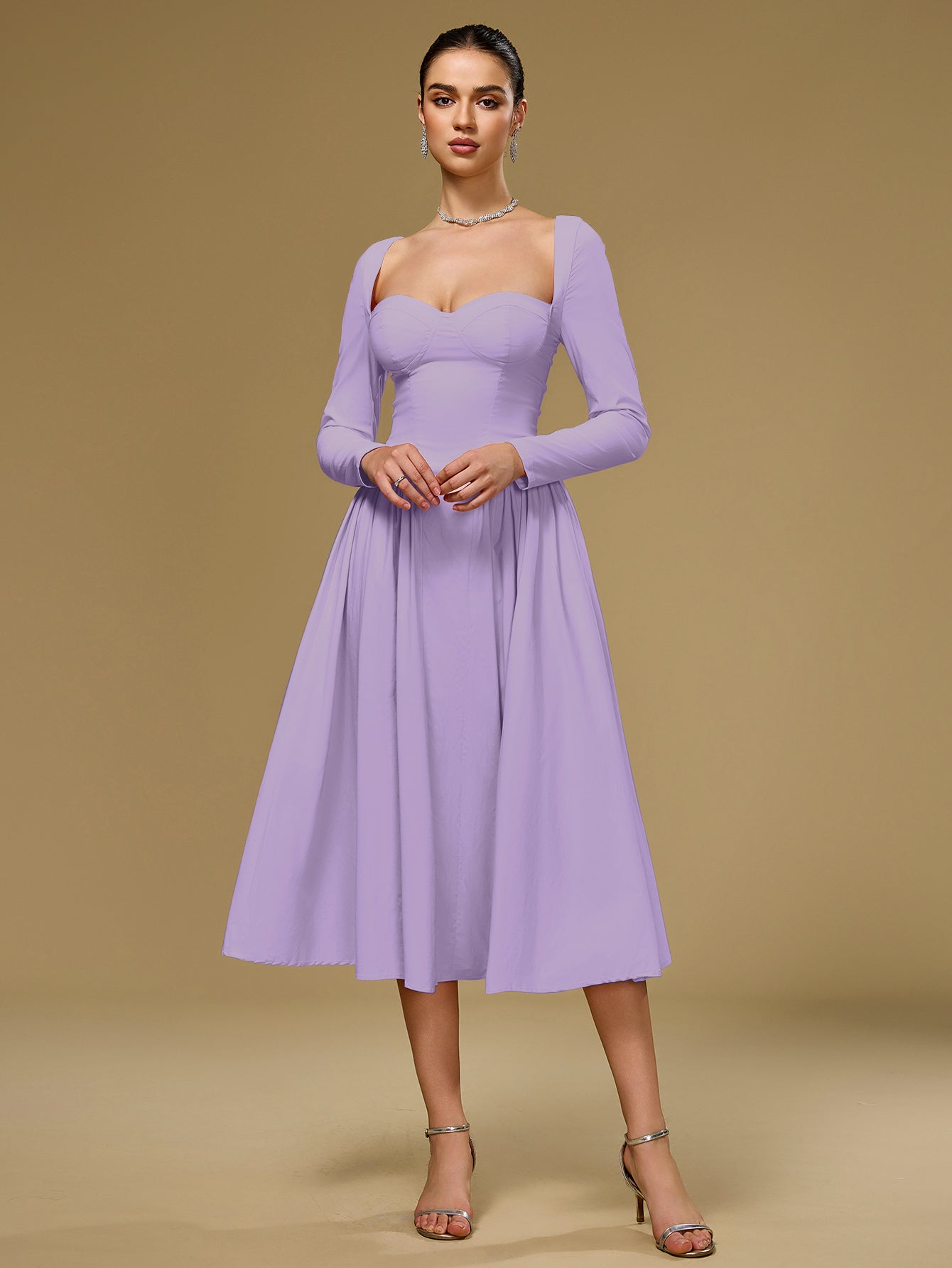 ANNA | Vestido Midi A-Line de Manga Larga