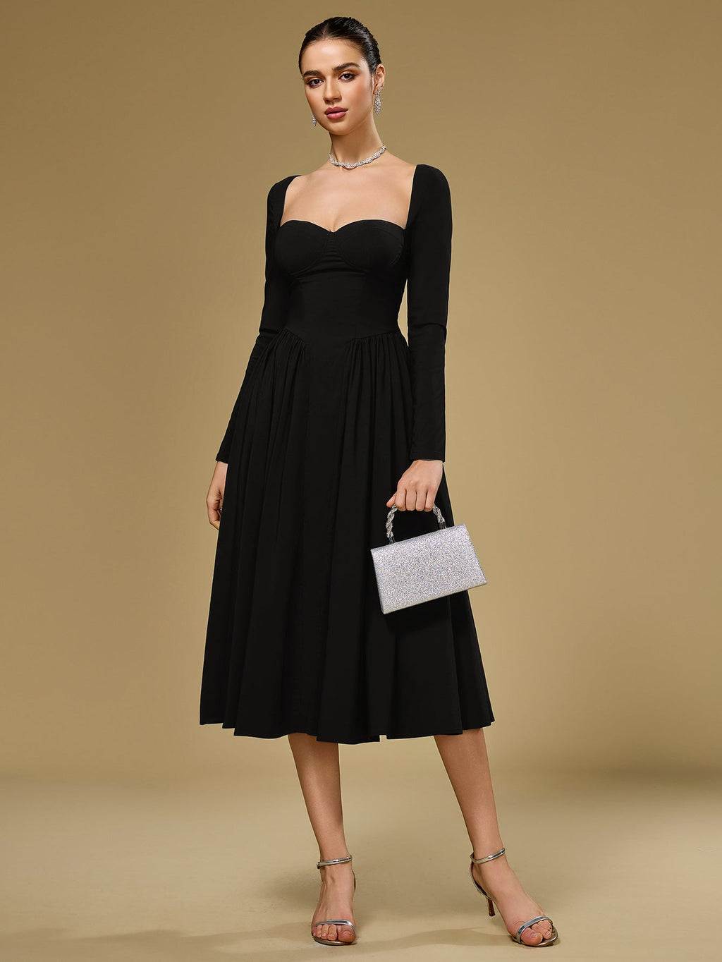ANNA | Vestido Midi A-Line de Manga Larga