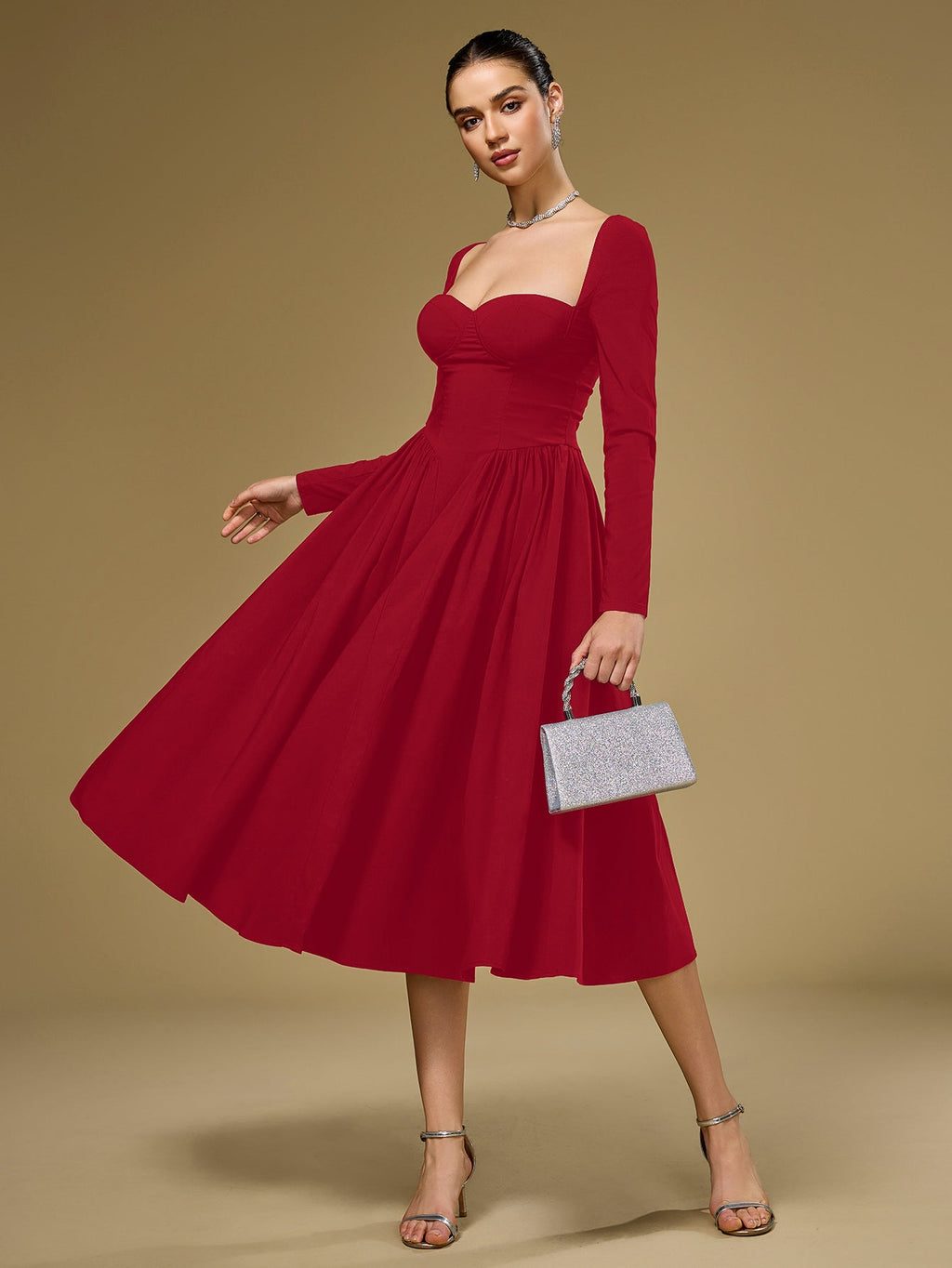 ANNA | Vestido Midi A-Line de Manga Larga