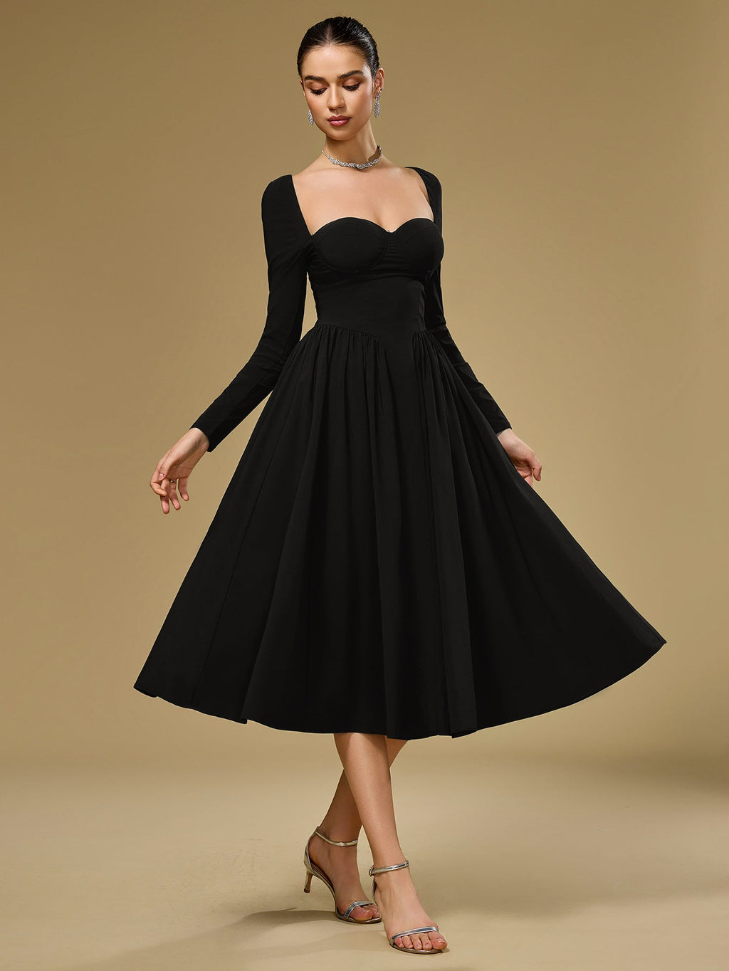 ANNA | Vestido Midi A-Line de Manga Larga