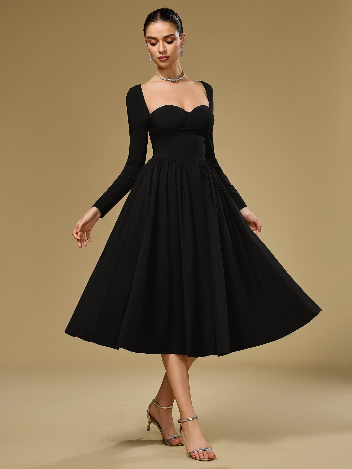 ANNA | Vestido Midi A-Line de Manga Larga