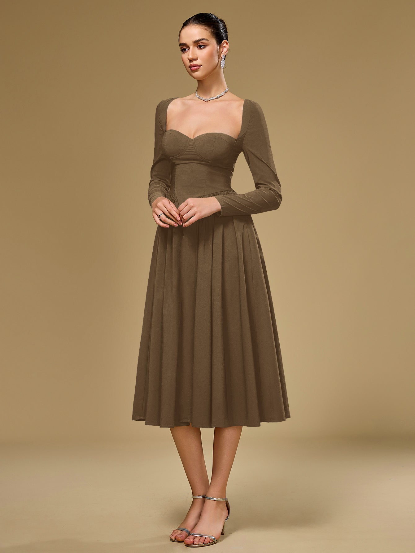 ANNA | Vestido Midi A-Line de Manga Larga
