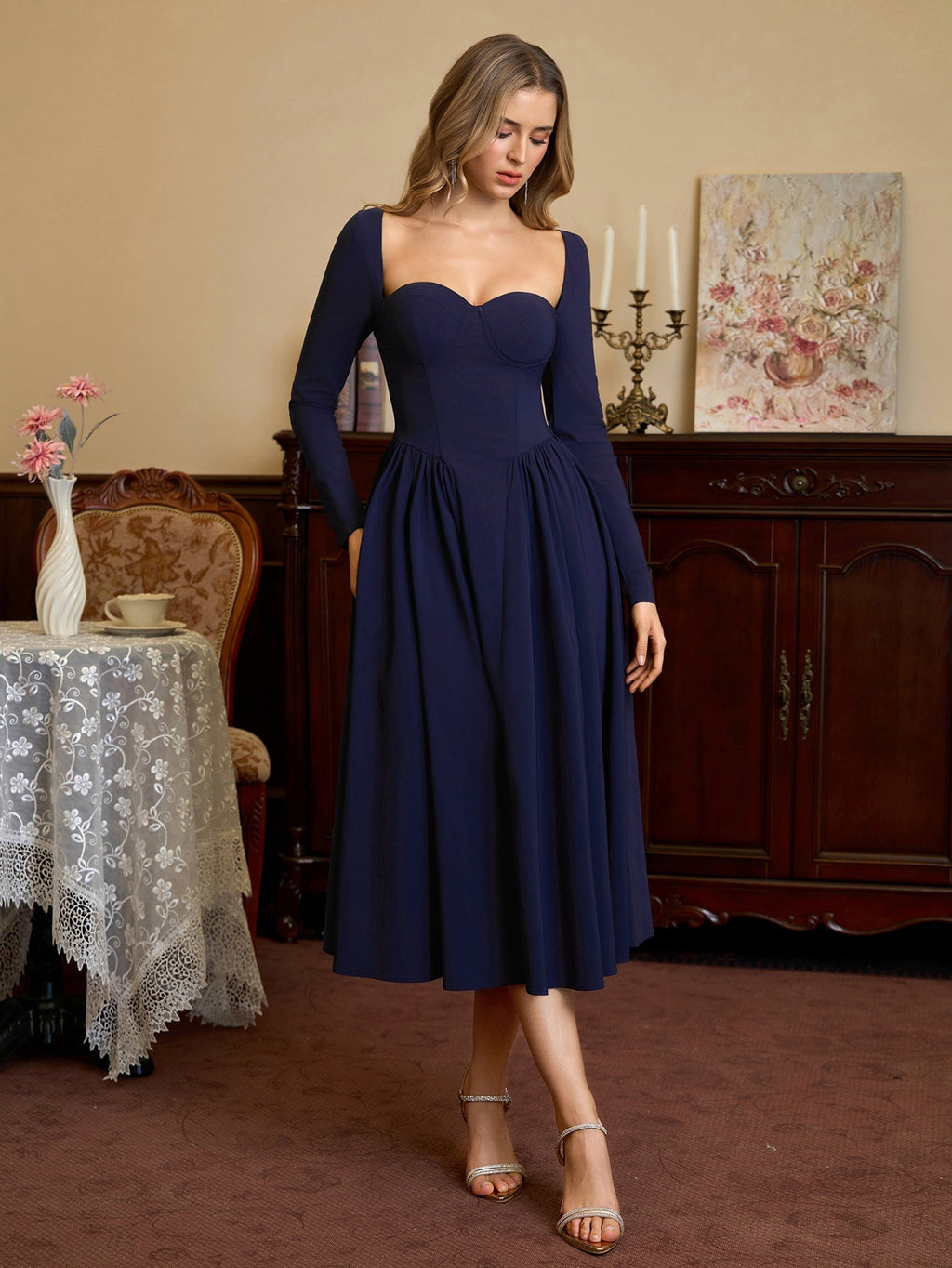 ANNA | Vestido Midi A-Line de Manga Larga