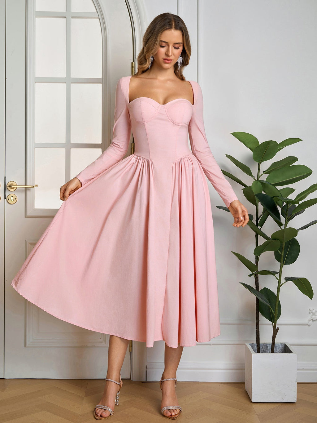 ANNA | Vestido Midi A-Line de Manga Larga