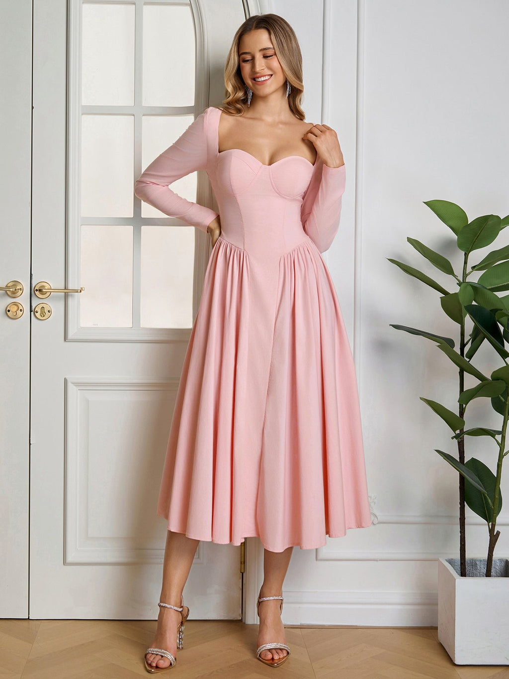 ANNA | Vestido Midi A-Line de Manga Larga